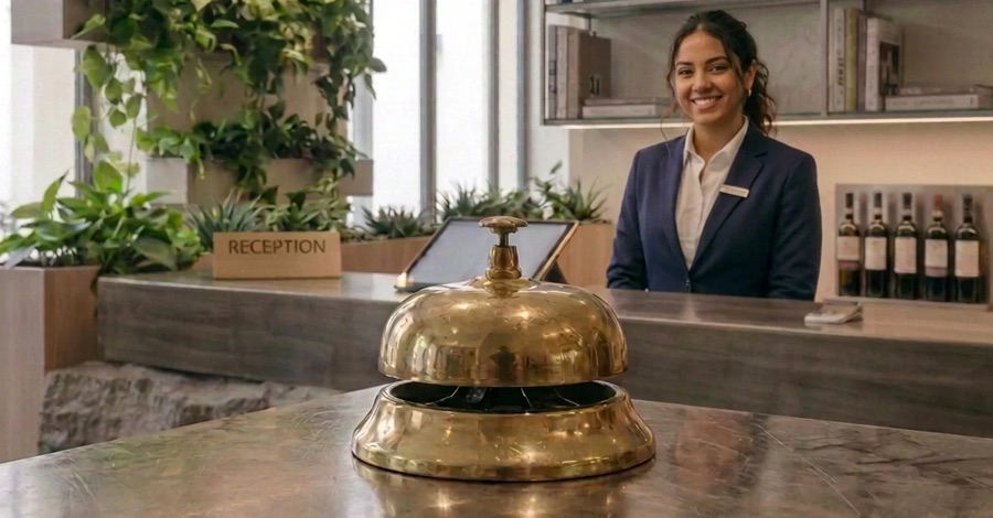 La reception di un hotel con il campanello sul bancone
