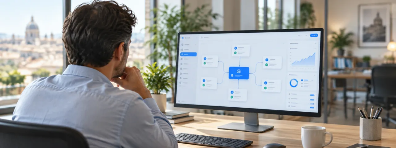 A person following an AI agent workflow on a monitor