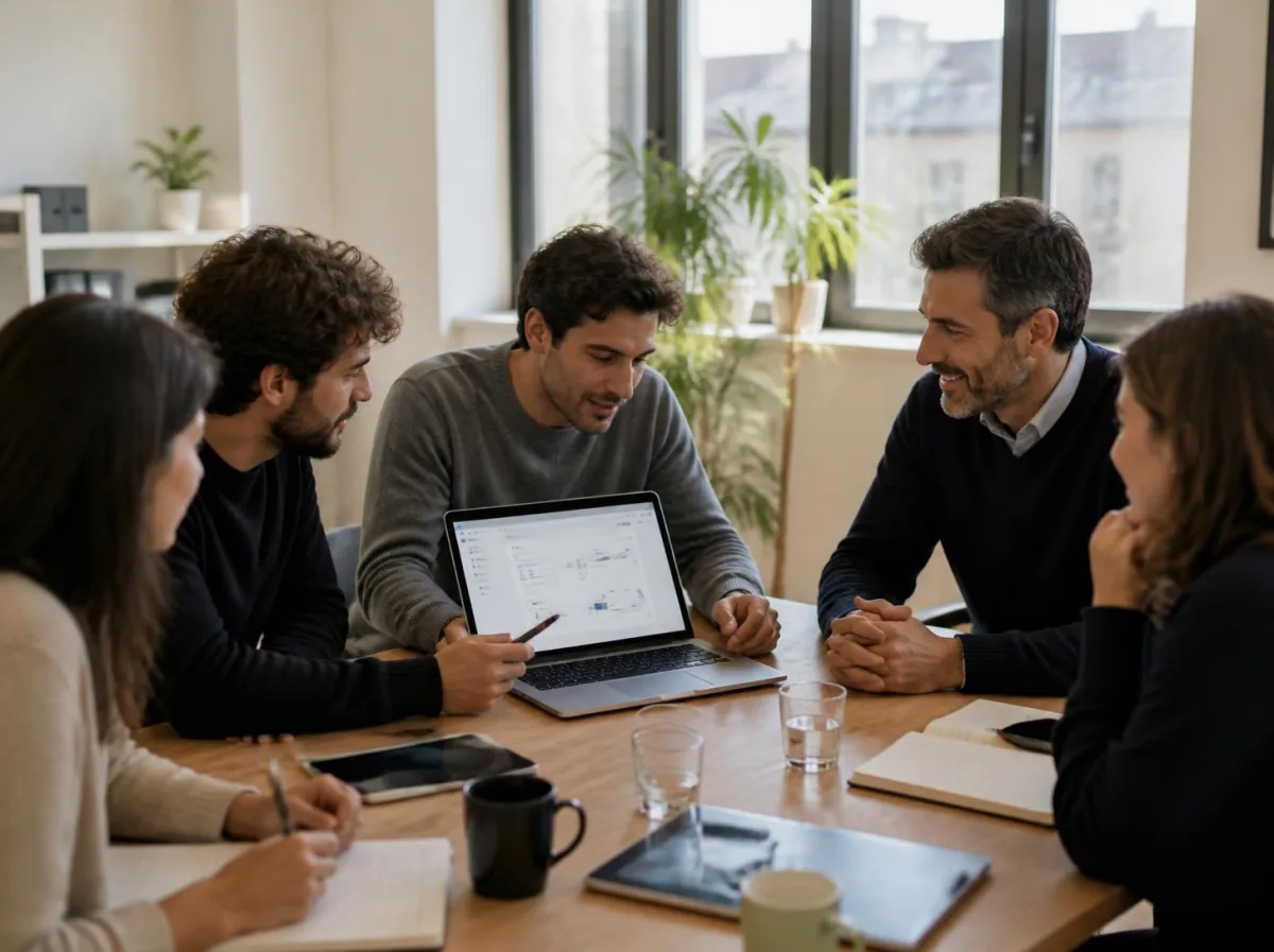 The DevInterface team meeting a client around a laptop